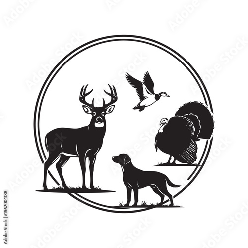 Black and white vector illustration featuring a deer, dog, turkey, and duck inside a circular frame