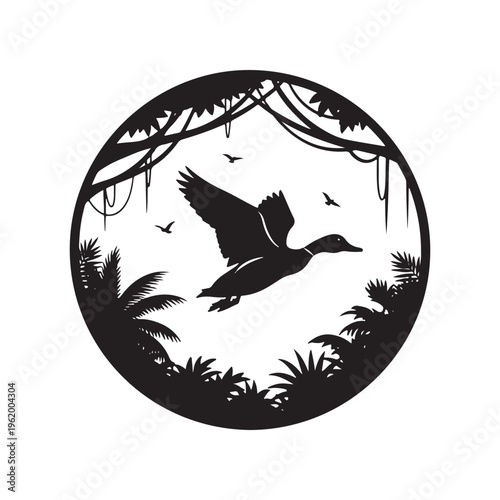 A black silhouette of a duck flying through a lush tropical jungle enclosed in a circular frame