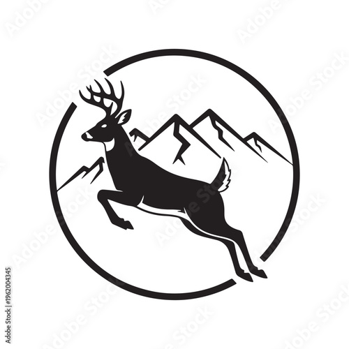 A minimalist black and white circular emblem featuring a jumping buck against mountain peaks