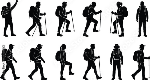 Hiking silhouettes with backpacks, trekking poles, outdoor adventure, male and female hikers, mountain trekking, travel exploration, flat vector illustration