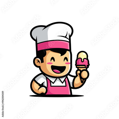 Happy cartoon chef holding an ice cream cone.