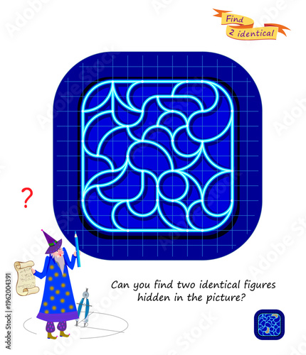 Can you find two identical figures hidden in the picture? Mathematical logic puzzle. Game Seek and Find. Brain teaser book. Develop spatial thinking and counting skills. Hand drawn vector illustration