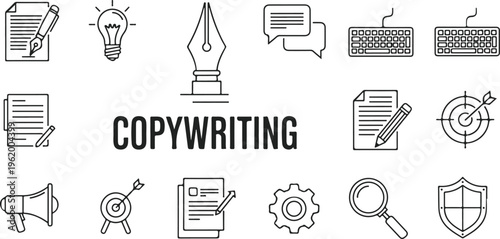 Flat design copywriting concept with creative tools and business communication icons on white background