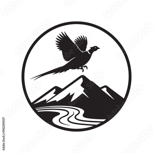 A minimalist black and white emblem featuring a flying pheasant over mountains and a winding river