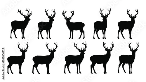 Collection of deer silhouettes with antlers on white background