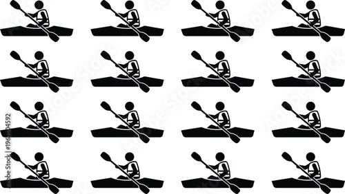 Kayaking silhouette pattern, paddler icons, water sport activity, adventure recreation, outdoor lifestyle, canoeing design, repetitive grid, flat vector illustration