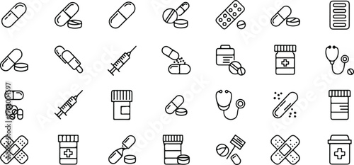Flat lay collection of medical and healthcare icons in line art style on light background