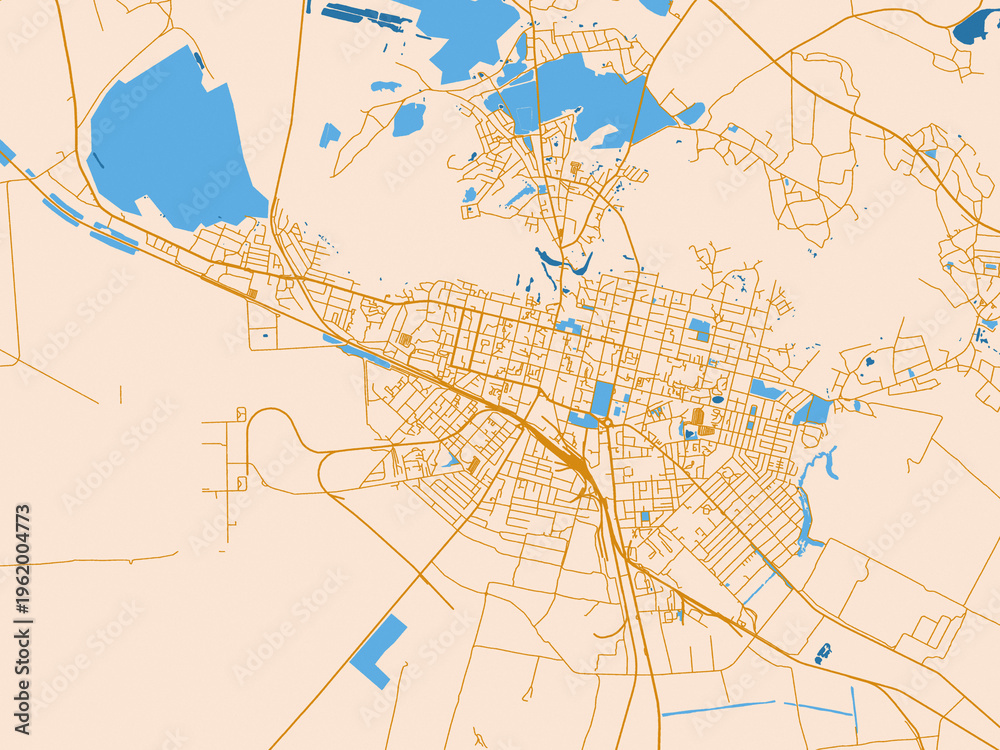 Naklejka premium City map poster of Pryluky, Ukraine – golden linework with blue water