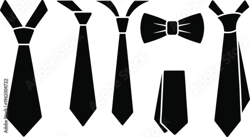 Necktie silhouettes set, bow tie icon, formal wear accessories, fashion neckwear design, professional attire artwork, flat vector illustration