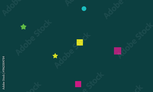 Dark teal background with scattered brightly colored geometric shapes stars circles and squares
