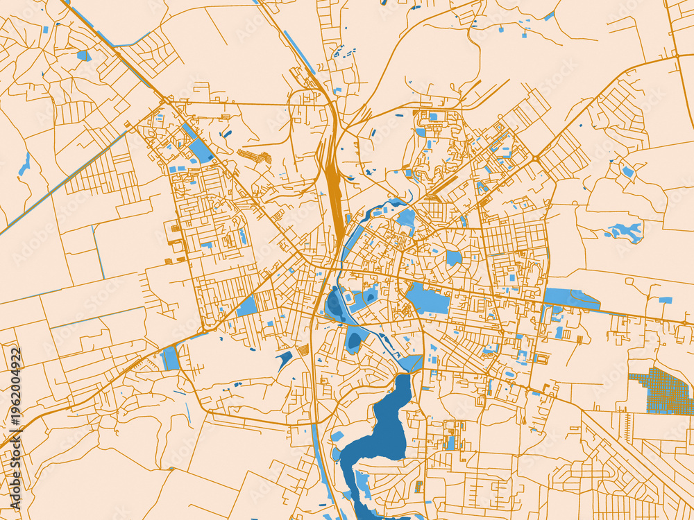 Naklejka premium Minimal city map of Rivne, Ukraine with gold and blue map palette
