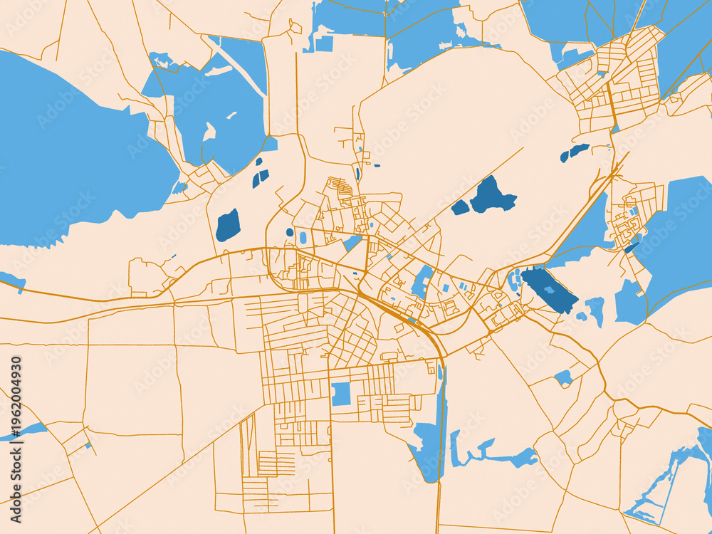 Naklejka premium Urban map poster of Shostka, Ukraine with warm cream background with golden road lines and bright blue water in a clean flat cartographic style
