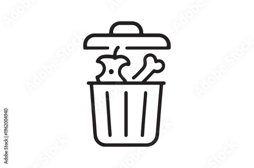 A black and white line drawing of an overflowing trash can