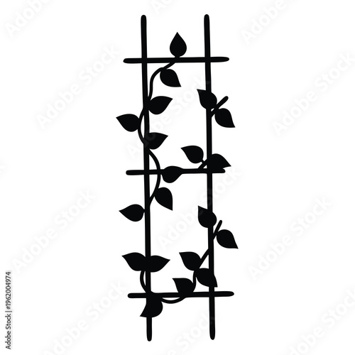 Black silhouette of climbing vine plant supported by a simple wooden trellis
