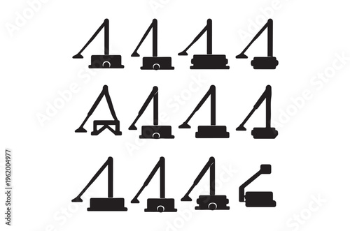 A collection of black silhouettes depicting various harbor cranes