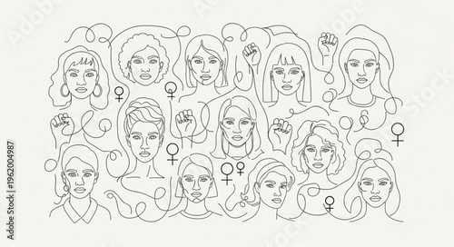 Collection of Diverse Female Faces and Symbols of Femininity.