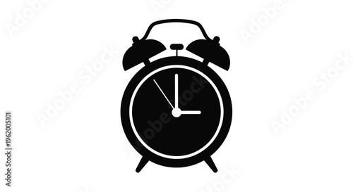 Classic twin bell alarm clock depiction in stark black silhouette