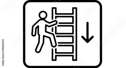 Man climbing ladder with downward arrow sign.