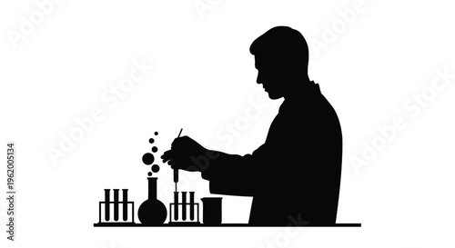 Scientist conducting experiment with glassware a striking black silhouette