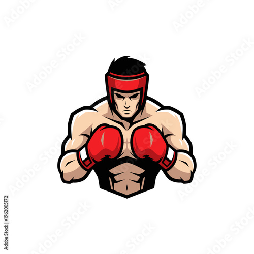 Intense male boxer in red gloves and headgear ready for fight.