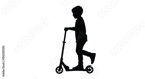 A young boy rides a scooter against a white background silhouette