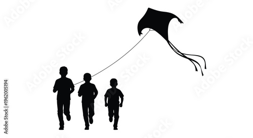 Children running with a kite against a bright sky silhouette