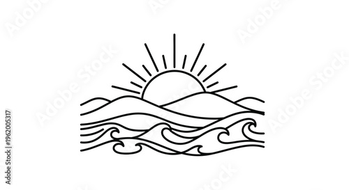 Minimalist sun rising over ocean waves a stark black silhouette