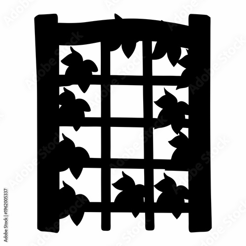 Stylized black silhouette of a garden trellis adorned with leaves image