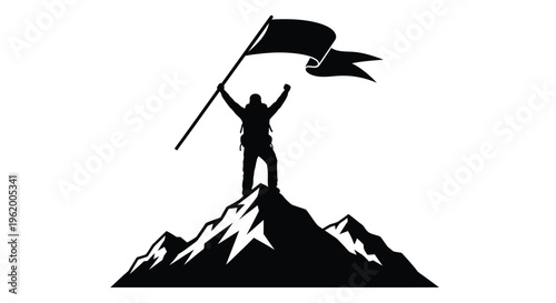 Victorious climber raising flag atop a mountain dramatic silhouette