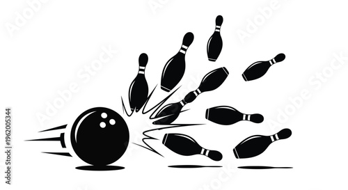 Bowling ball strikes pins in a dynamic black silhouette