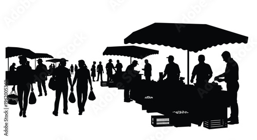 Crowded outdoor farmers market scene with people and stalls silhouette