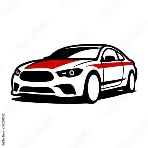 Logo concesionario de coches. Dibujo con líneas de la vista en perspectiva de un vehículo de lujo con adornos de color rojo 