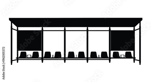Empty bus shelter with seating depicted in stark black silhouette