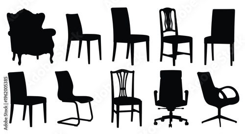 Various styles of chairs are displayed in black silhouette
