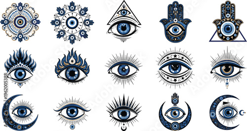 Evil eye symbols collection with mystical protection icons, hamsa hand, all seeing eye and sacred geometry vector set