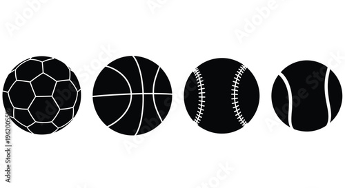 Four distinct sports balls arranged in a simple black silhouette