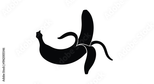 A peeled banana with a distinct curved shape presented as a silhouette