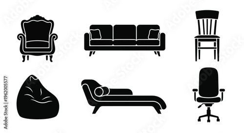 Black furniture icons including a sofa chairs and beanbag silhouette