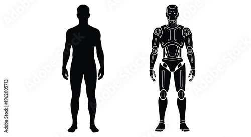 Human and robotic figures stand side by side in stark contrast silhouette