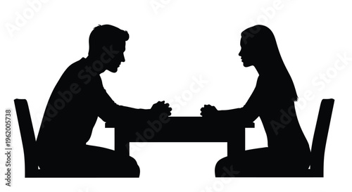 Couple holding hands across a table a striking black silhouette