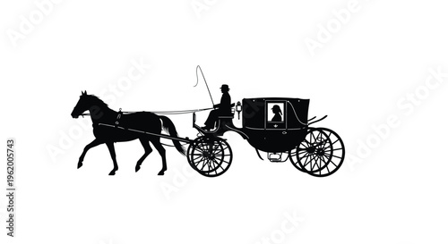 Elegant horse drawn carriage scene presented as a striking black silhouette