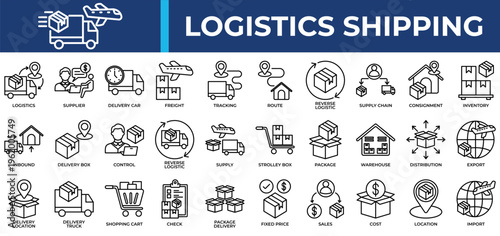 Logistics Shipping icon set collection. Containing sales, sharing, transfer, logistics, import, course, freight .Line vector icons collection
