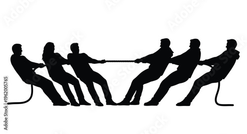 Teamwork in action a group pulling on a rope black silhouette