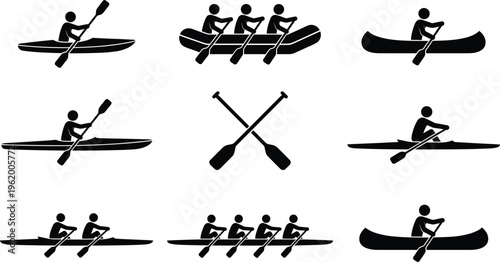 Rowing and paddling silhouettes, kayaking, canoeing, rafting, water sports icons, outdoor adventure, human powered boats, flat vector illustration
