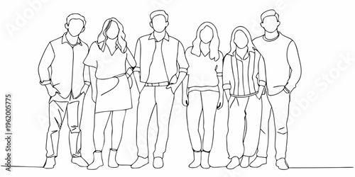 Line drawing depicts a group of six people standing closely together
