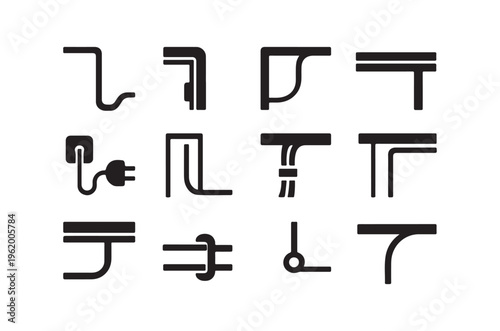 Collection of abstract black pipe or conduit shapes on white background