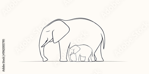 Line drawing depicts a mother elephant and her small calf together