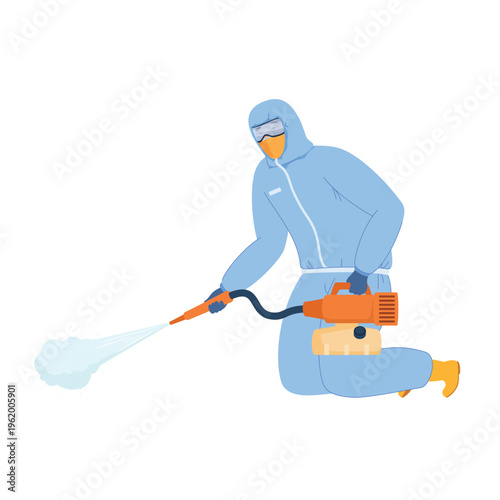 A cleaning service worker wears safety gear and uses equipment to disinfect surfaces in a workspace. This activity promotes cleanliness and safety in the area.