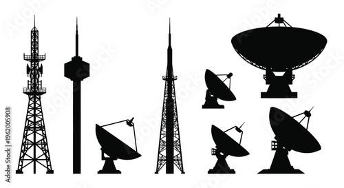 Various communication towers and satellite dishes in black silhouette