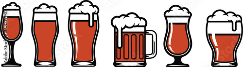 Six glasses of beer with foam on white background mugs frothy alcoholic